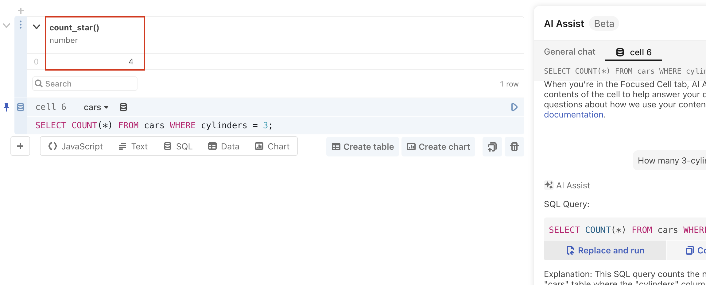 A screenshot of the code injected by AI Assist being run in the SQL cell with a red rectangle overlay highlighting the results in the table.