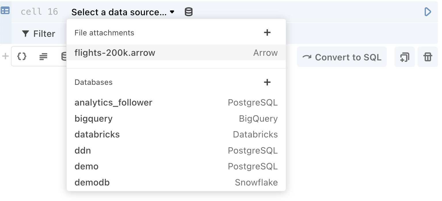 Screen shot of open Data table cell, with an arrow file as the selected data source.