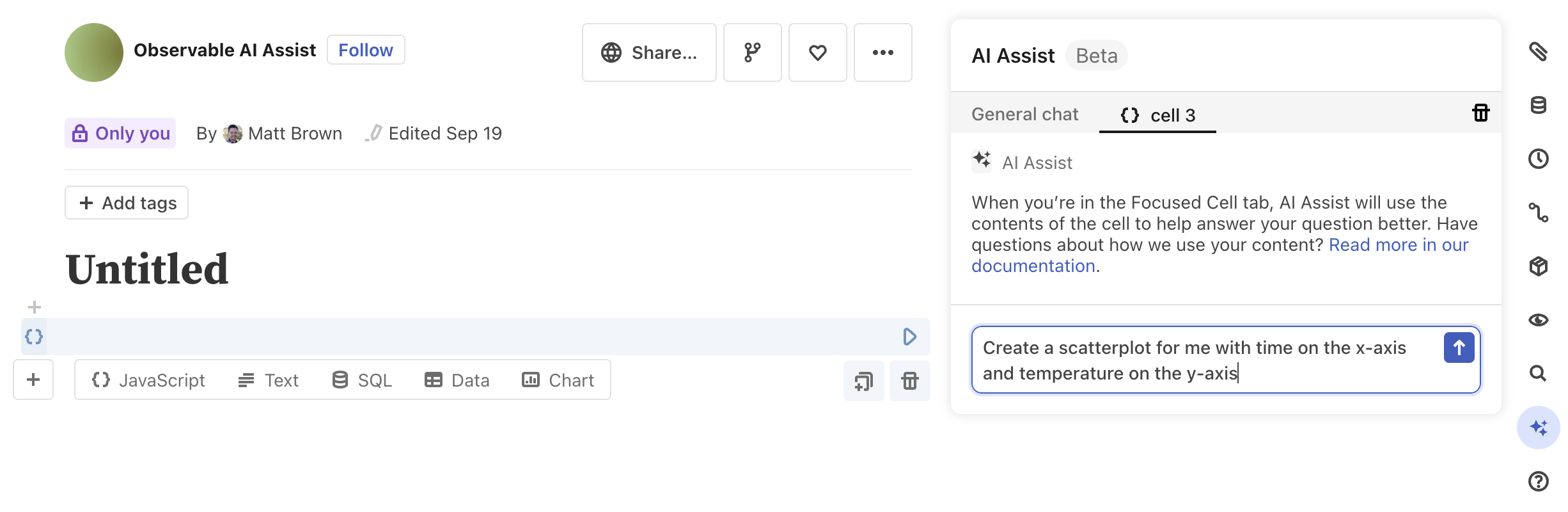 A screenshot of the AI Assist panel focused on a specific cell so that questions asked are specific to that cell.