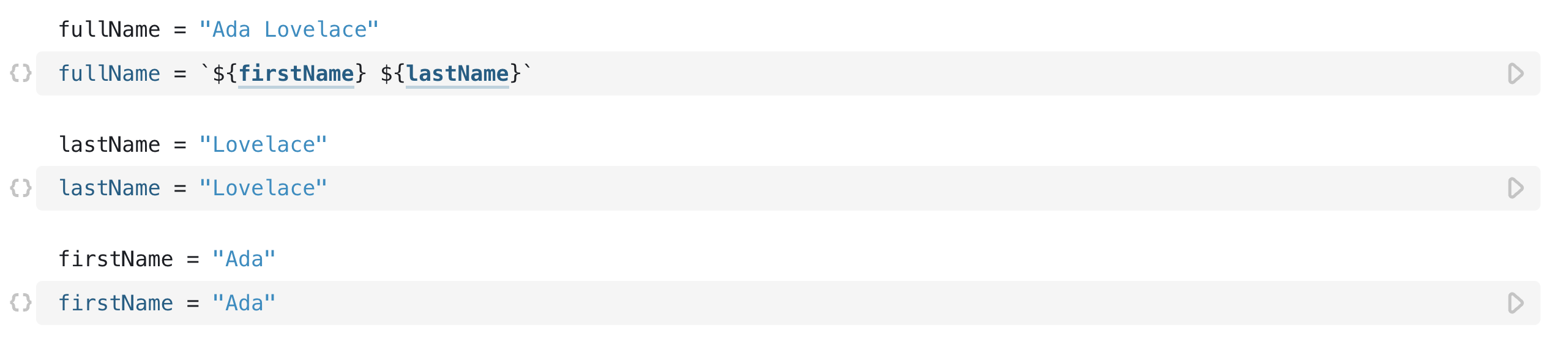 Three cells, `fullName` followed by `lastName` and `firstName` such that the first listed cell `fullName` is defined in terms of cells that come after `fullName` and `lastName`. Each cell shows the code section open.