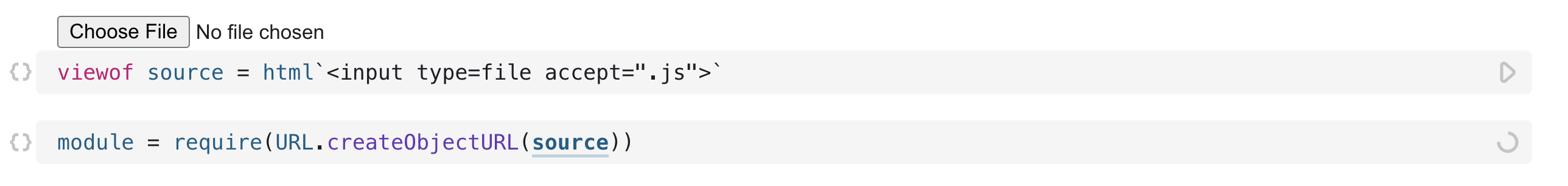 Two cells, the first open defining a file picker view in the code section and the actual file picker in the presentation section of the cell. The second cell is close and shows `module` being defined in terms of using `require` on the file picked by the previously mentioned file picker.