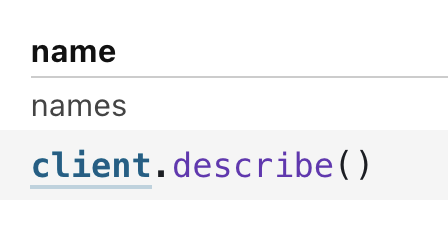 Screenshot showing the code 'client.describe()' with no individual table within the parentheses, returning a table of all tables in the client database.