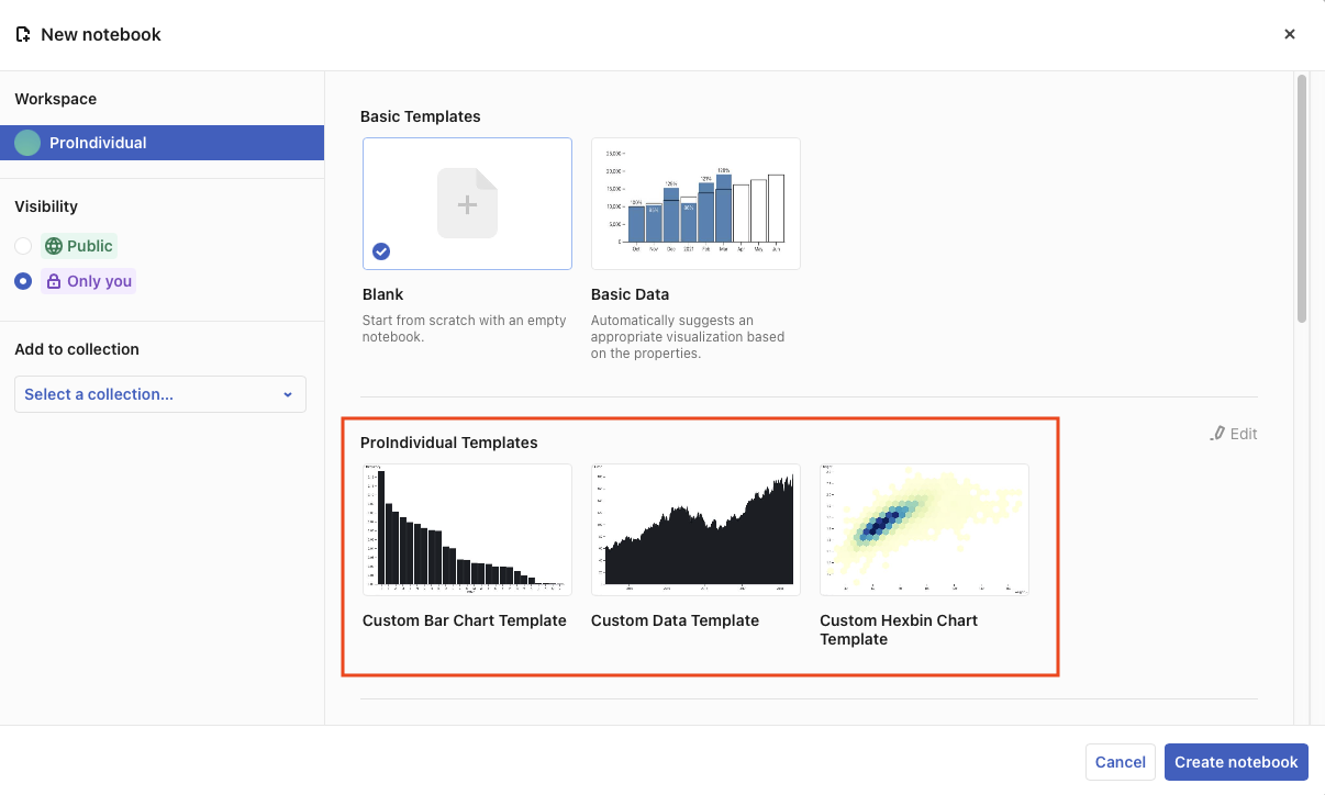 Custom templates are shown as options to choose from after a user chooses to create a new notebook