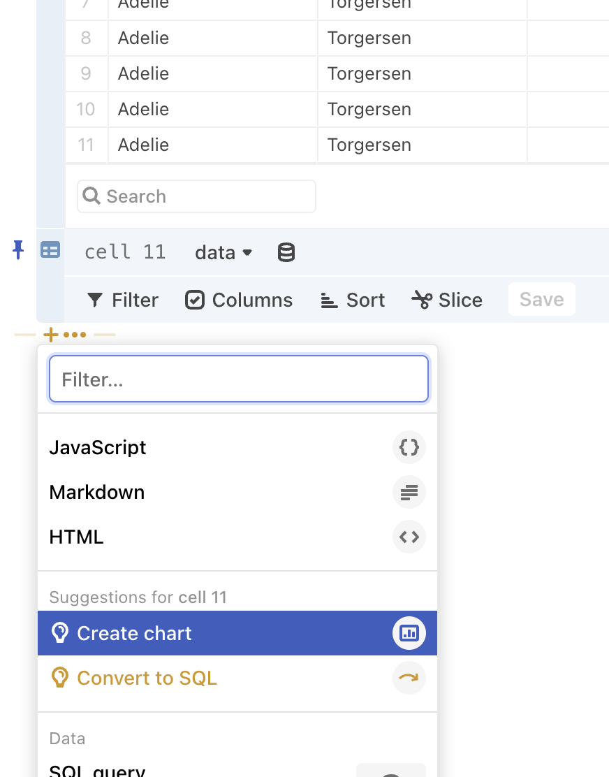 A data table cell with suggestions to “Create chart” or “Convert to SQL”