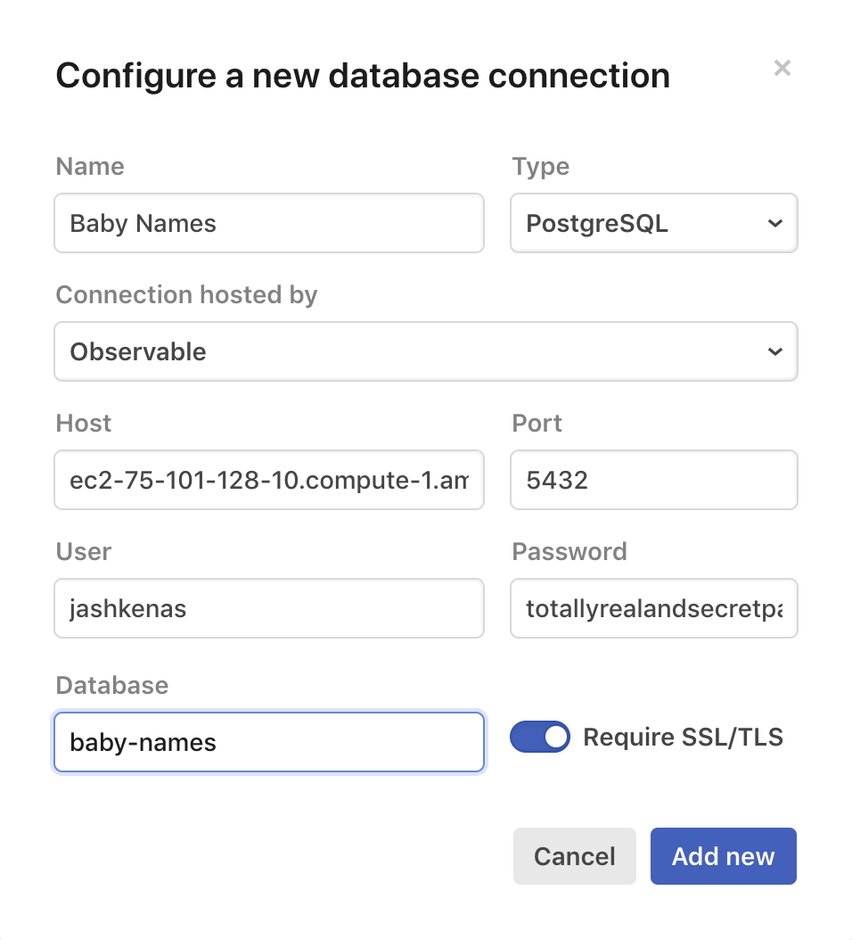 Screen shot of database configuration window, where a user is prompted to input database name, type, host and port information, and user information.