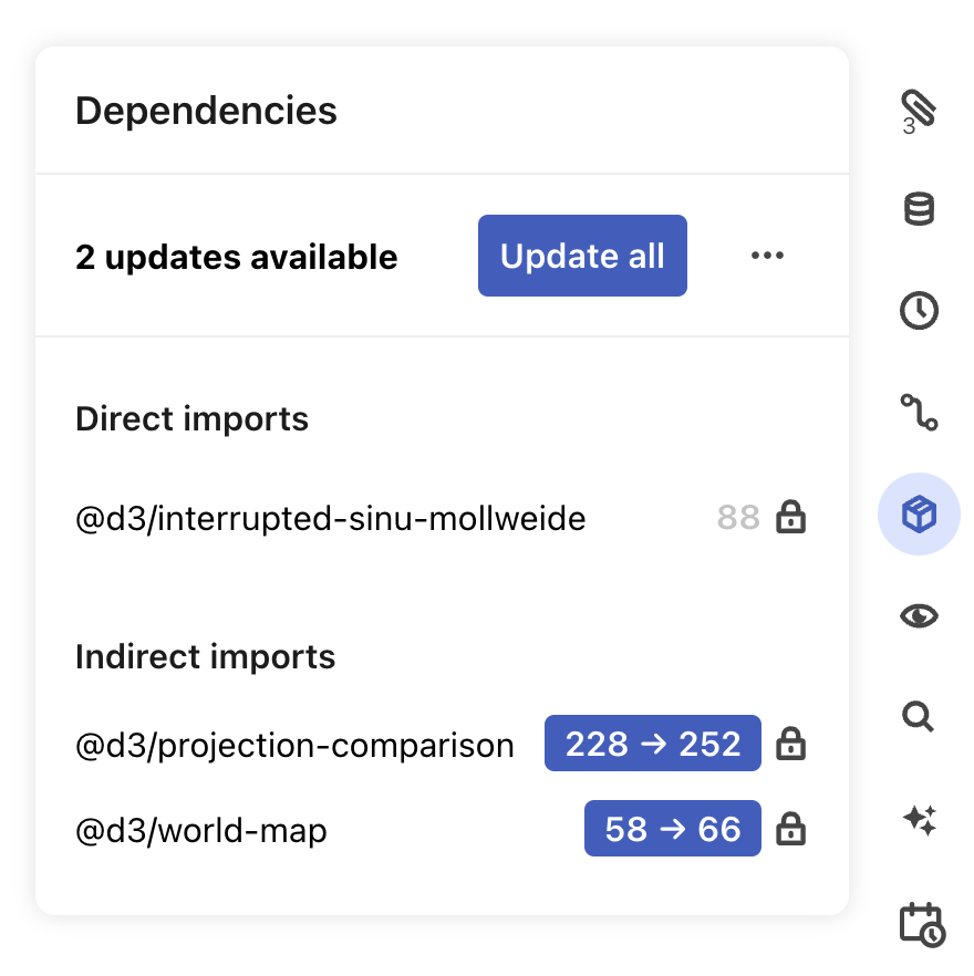 Open view of the Dependencies pane, revealing any imports and whether the importing notebook is locked.