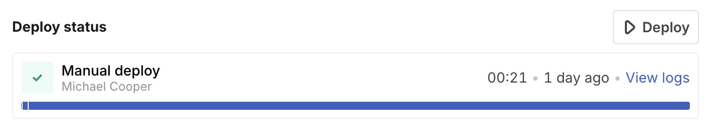 Screenshot of the “Deploy status” section of a data app settings page. There is a progress bar showing the status of the latest deploy, and a “Deploy” button in the top right of the section.