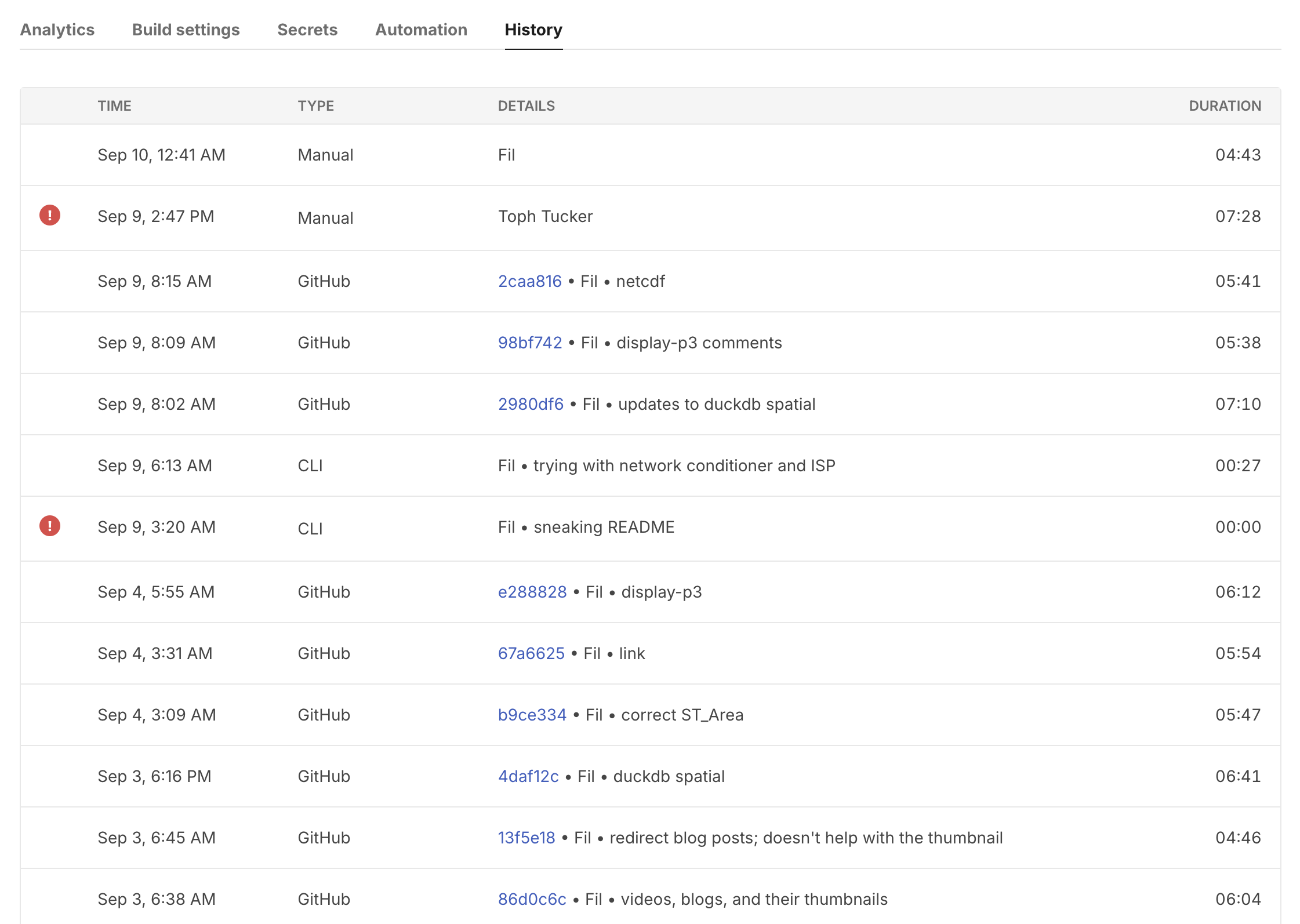 Screenshot of the deploy history for a Framework project. You can see who deployed, when, and if there was any message tied to that deploy.