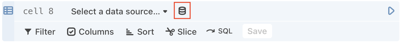 Highlighted database icon in the header of a Data table cell. Clicking on the icon will open the <b>Databases pane</b>.