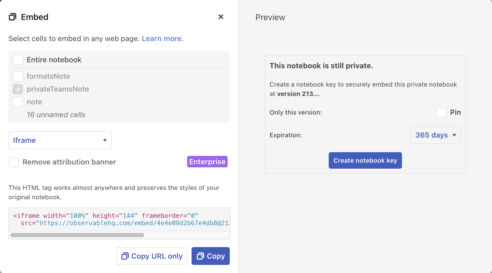 Embed dialog showing options to create a notebook key