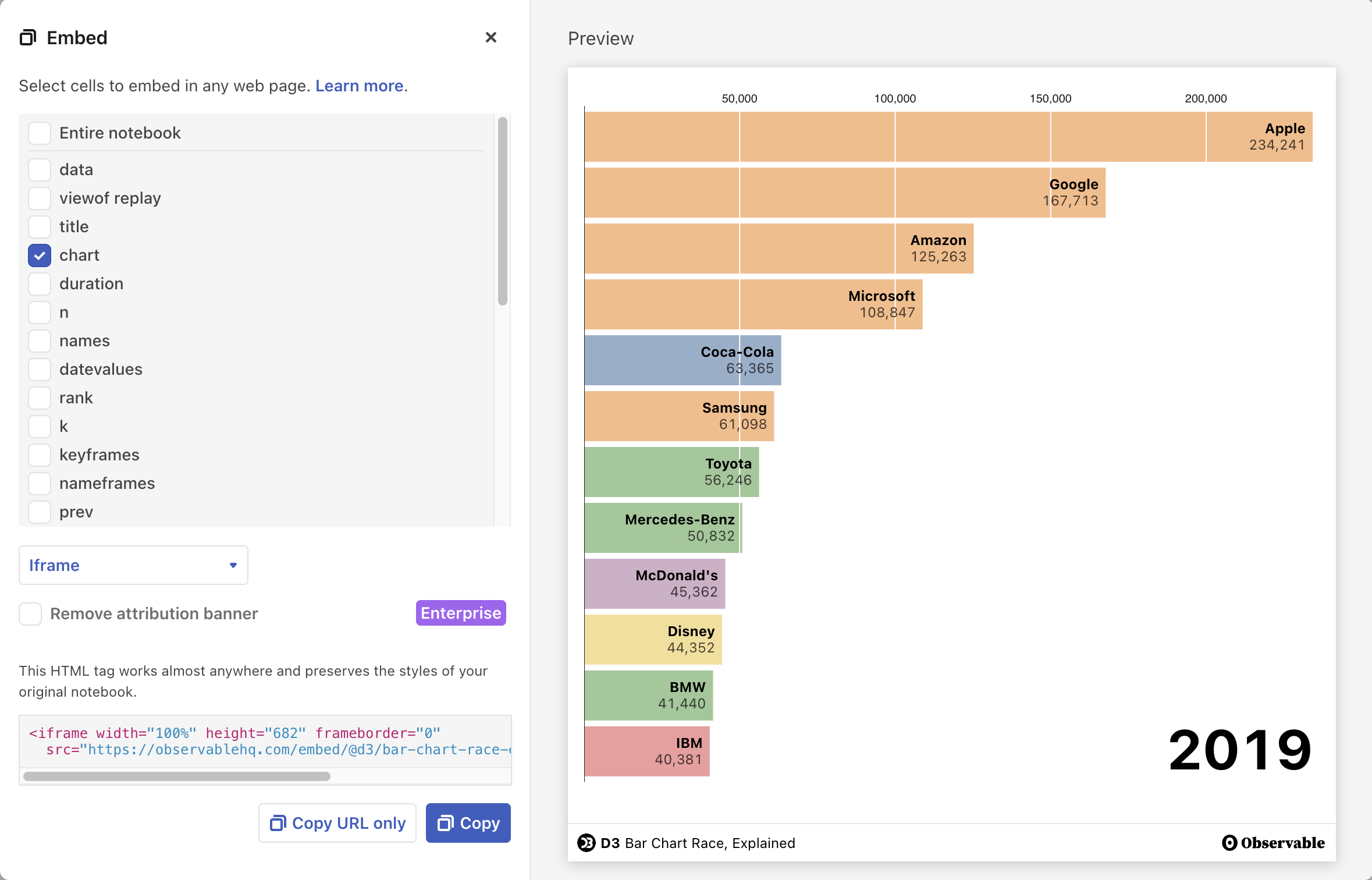 Screen shot of embed dialog with options shown on the left and the preview of the embedded content on the right