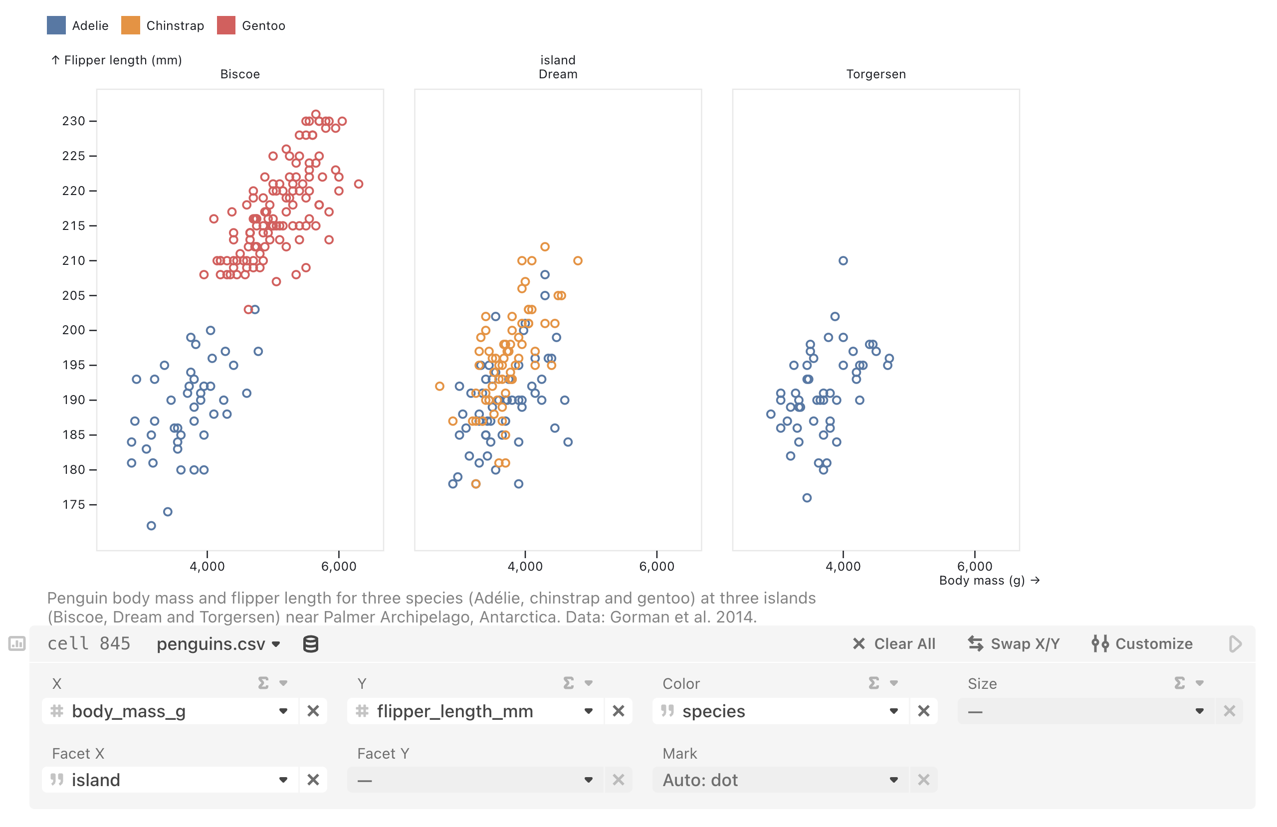 Some penguins data in a faceted scatterplot made with the Chart cell.