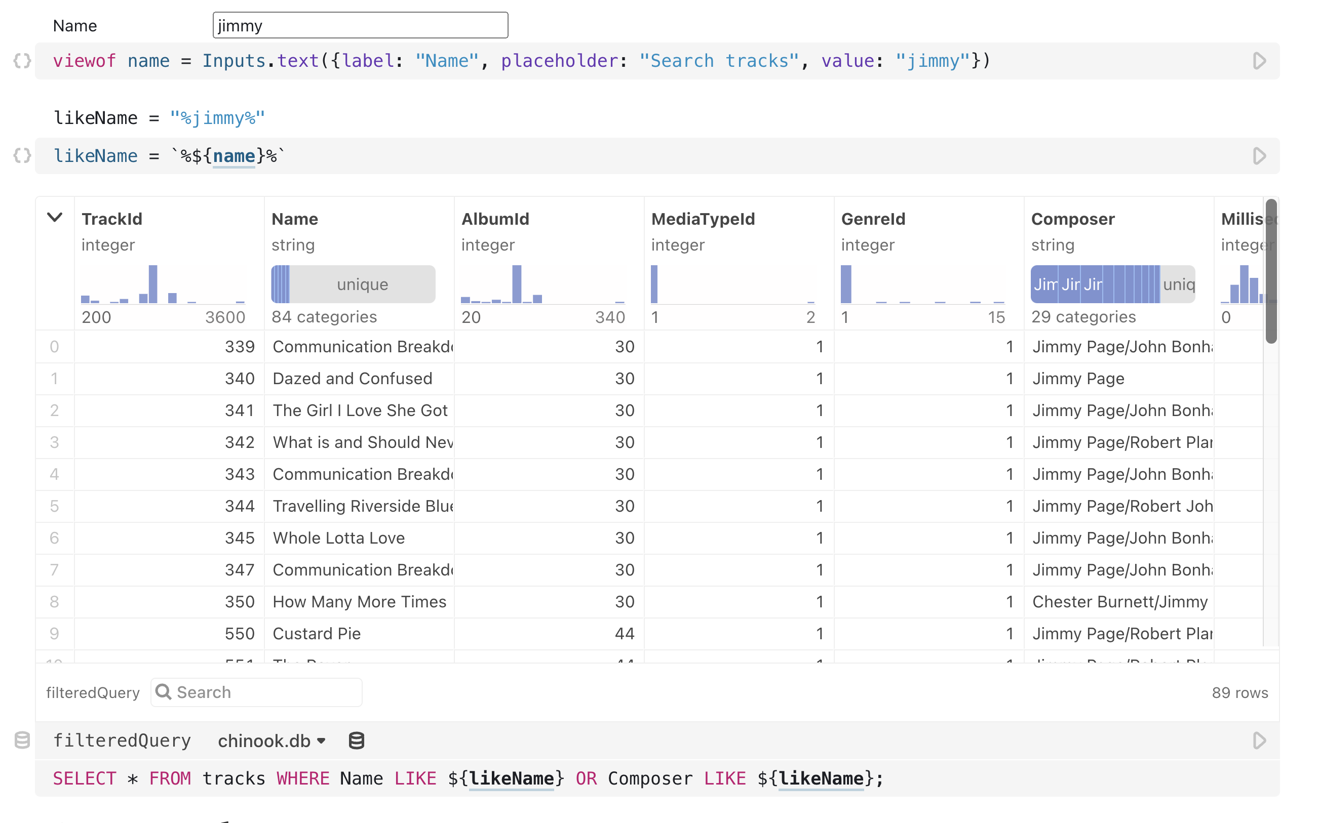 In the first cell is an input form where the user can put in any name they want to match in the SQL query. In the second cell is the modification to the code so that it finds anything like the entered name in the previous cell. The final cell is an SQL cell with SQL that is interpolated with the modified name code from the second cell.