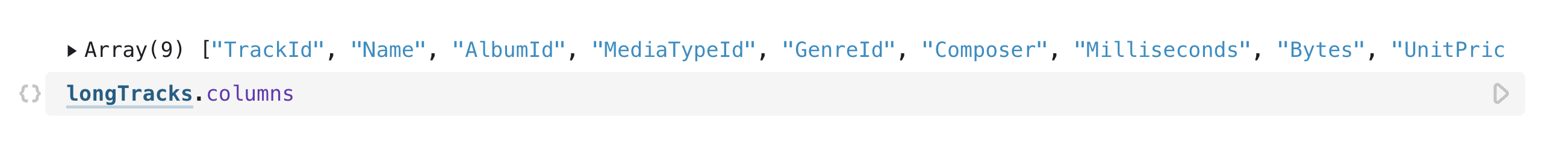 A screenshot of an open JavaScript cell referencing the longtracks cell and columns property to get an array of column names in the presentation section of the cell.