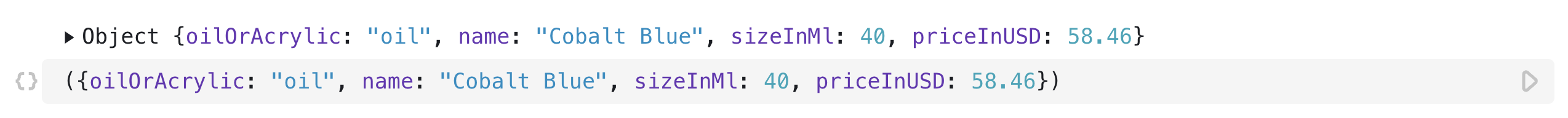 An open JavaScript cell featuring an object literal.