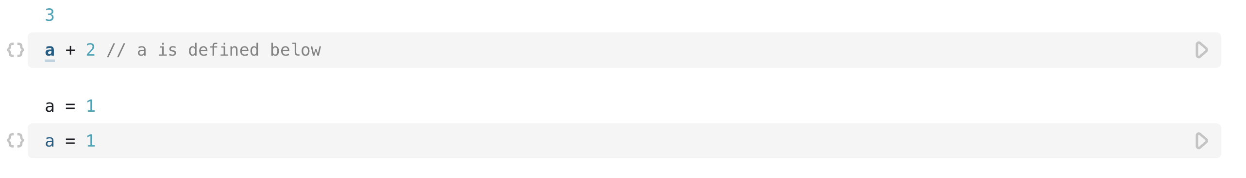 Two open cells, the first uses a variable, `a`, in a calculation. The second cell defines `a`. This shows that the order of cells doesn't matter with respect to variable definitions.