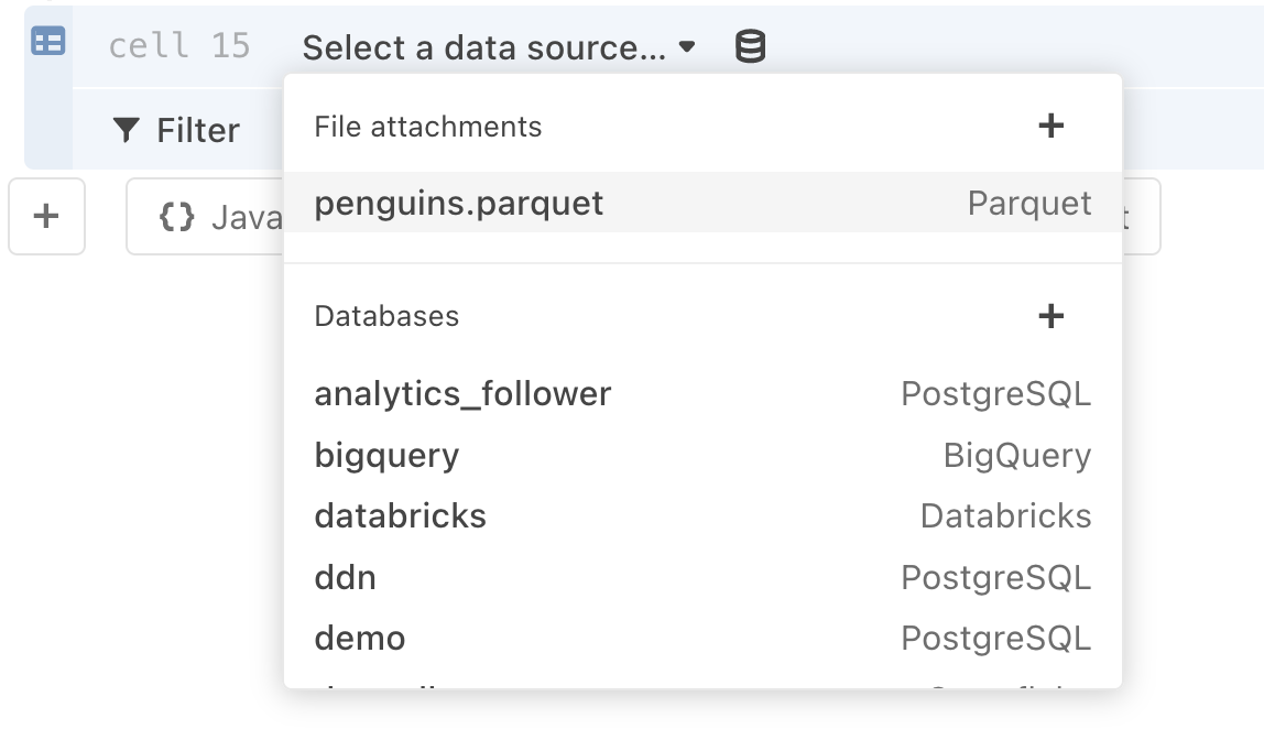 Screen shot of open Data table cell, with a parquet file shown as the selected data source.