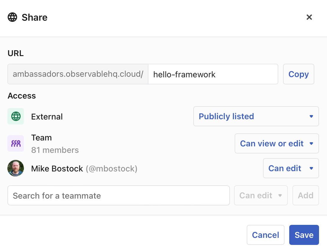 The sharing dialog, where you can specify the sharing level of your notebook or project.