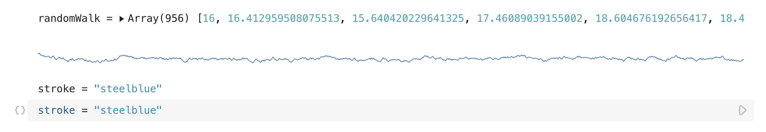 Three different cells, the first one and second one are not open to show the code. The third is open showing the code as a variable assignment. The color of the middle cell's drawn line is dependent upon the third cell `stroke`, but the shape of the line is determined by the first cell `randomWalk`.