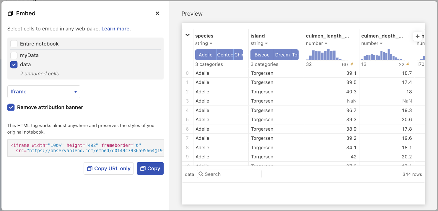 Screen shot of the embed dialog with the 'remove attribution banner' option selected, preview on the right is not showing the Observable logo