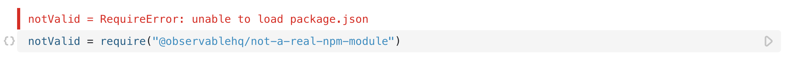 An open cell, the presentation section showing a `require` error and the code section using `require` on a fake module.