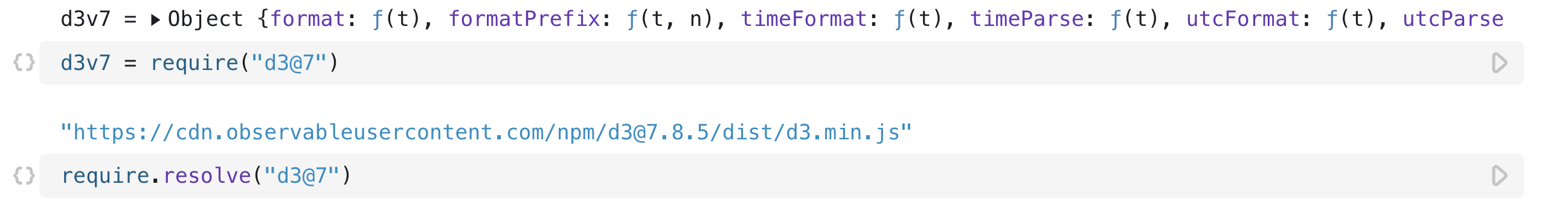 Two open cells, the first using `require` on d3 at version 7, the second one using `require.resolve` on the same module to show the URL from which it was fetched.