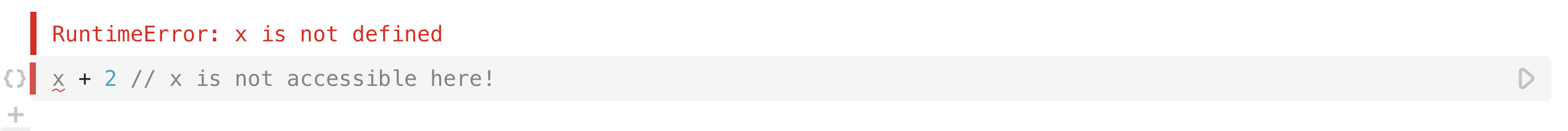 An open JavaScript cell showing a runtime error.