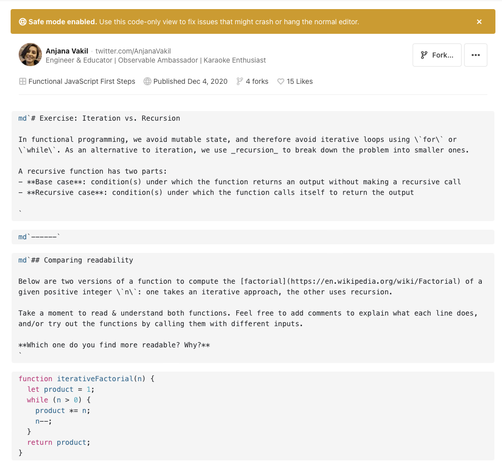 Screen shot of a notebook in safe mode, with 'safe mode' banner up top, and each cell's code revealed (without outputs).