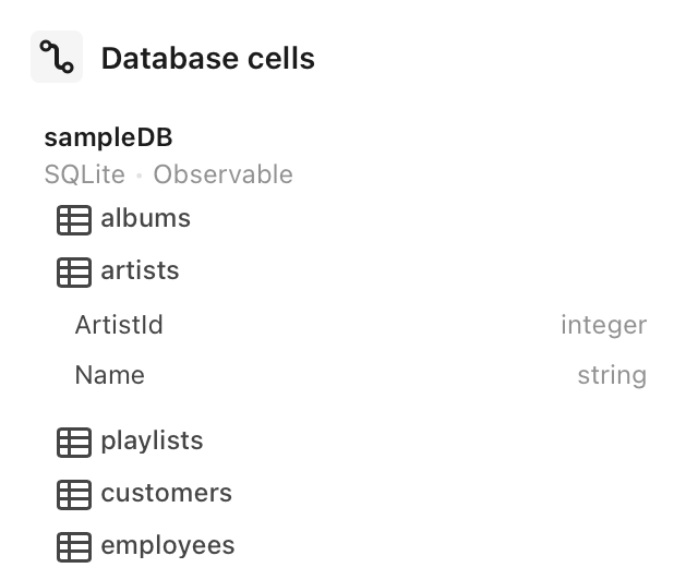 Expanded view of database schema revealing column names within a single table.