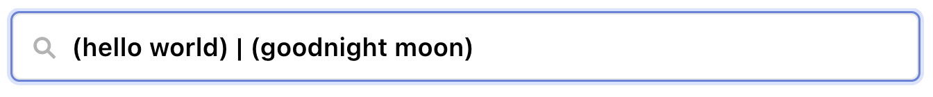 Search bar in Observable with '(hello world) | (goodnight moon)' entered.