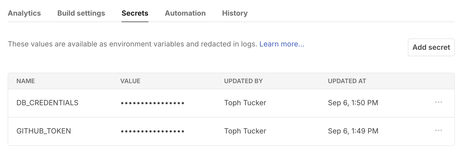 Screenshot of the Secrets tab with two secrets listed in the table, DB_CREDENTIALS and GITHUB_TOKEN, with columns Name, Value, Updated by, and Updated at