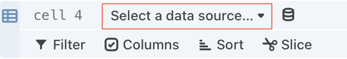 A zoomed-in screenshot of the left side of the Data editor toolbar. The cell is named 'cell 4', the dropdown button to select a data source is highlighted with a red rectangle around it.