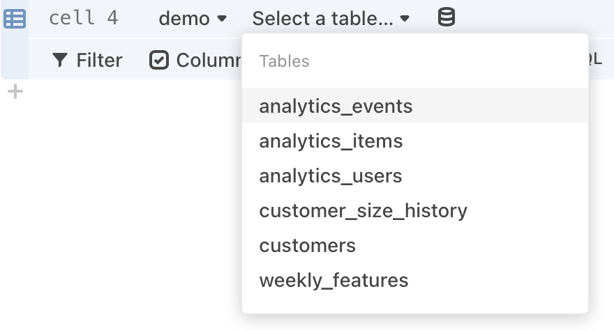 The 'Select a table' dropdown here is opened such that you can see the optional tables to select.