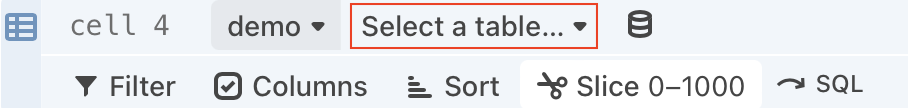 The 'Select a table' dropdown here is highlighted with a red rectangle in the data table cell editor.