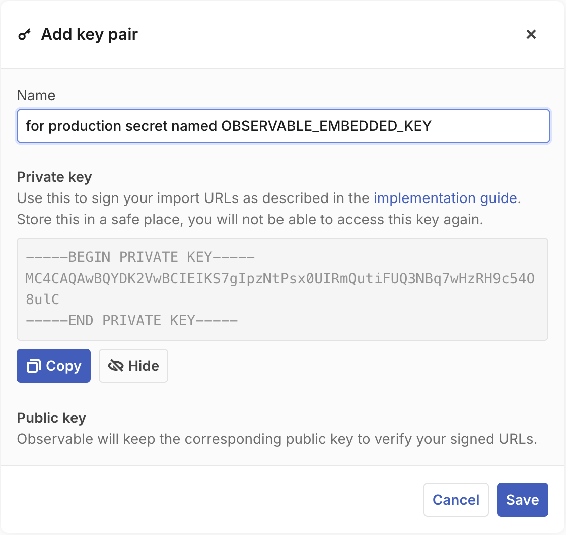 A modal dialog titled “Add key pair” with one field, called “Name”, a long private key, a “Copy” button highlighted blue, and “Cancel” and “Save” buttons.