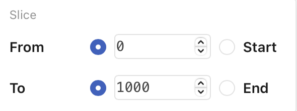 The Slice button activated in the data table cell editor reveals a From and To radio button with a number selector next to each. There is another radio button on the opposite side of the number selector named 'Start' and 'End' respectively