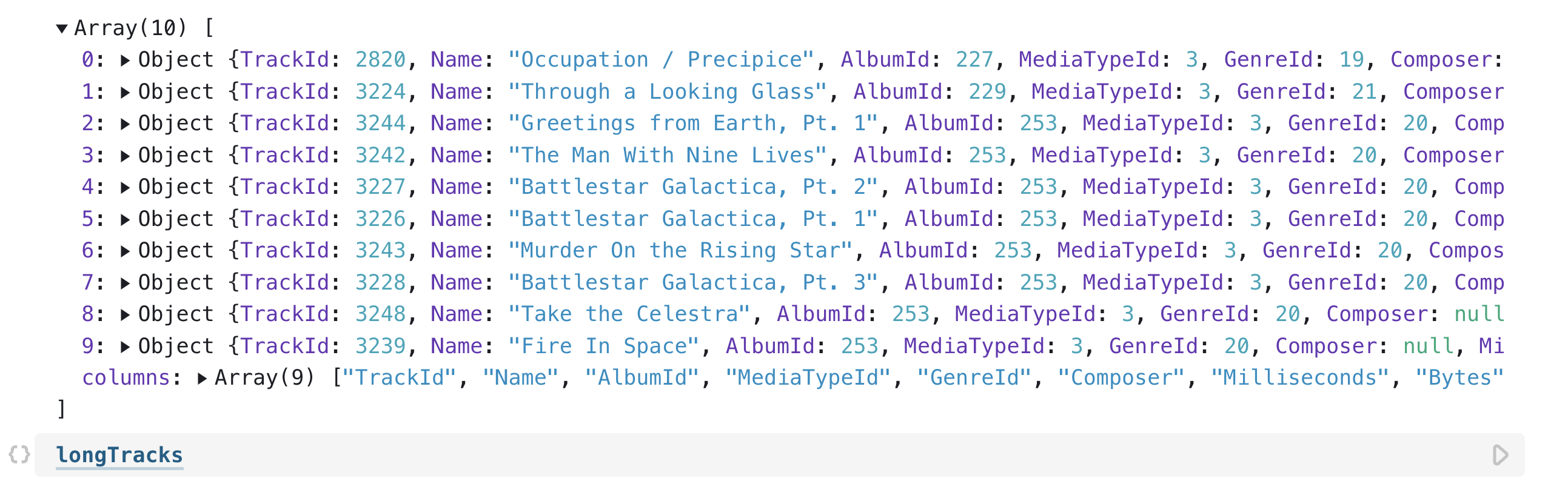 A screenshot of a JavaScript cell referencing the longtracks cell with the resulting value as an array of JavaScript objects.