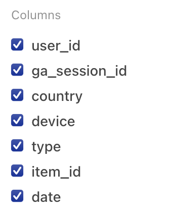 The Columns button activated reveals multiple checkboxes, one for each column that can be turned off and on by checking the respective box.