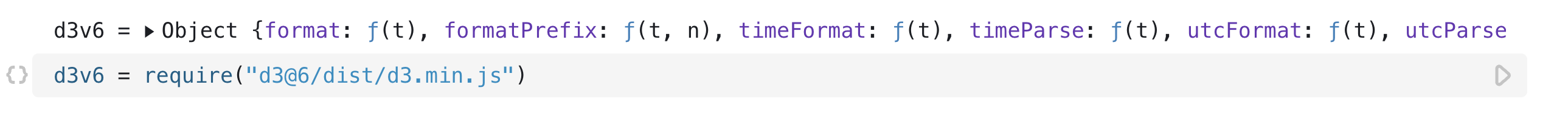 An open cell, `d3v6`, defined by using `require` on a specific file path for the version of D3 desired, 'd3@6/dist/d3.min.js'.